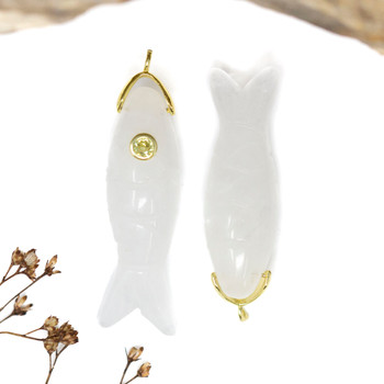 Gold Plated Carved Crystal Quartz with CZ Polished 45x12mm Fish Pendant
