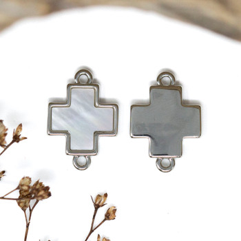 Silver Plated White Shell Polished 14x25mm Cross Link