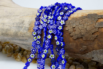 Millefiori Glass Beads 7-9mm Blue, White & Yellow Flowers