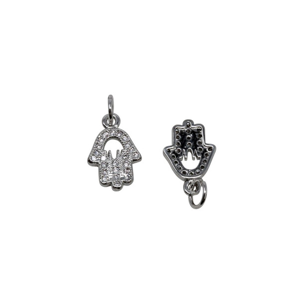 Rhodium Plated Micro Pave 8x10mm Hamsa Palm Charm