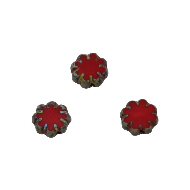 Czech Glass 9mm Cactus Flower - Red Picasso -  Sold Individually