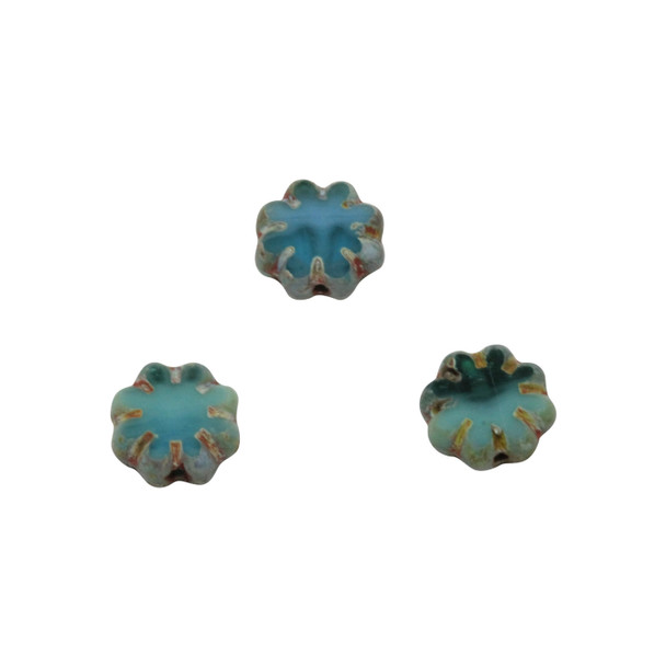 Czech Glass 9mm Cactus Flower - Sea Green Blue Picasso - Sold Individually