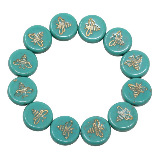 Czech Glass 12mm Bee Coin - Opaque Green Turquoise with Gold Wash