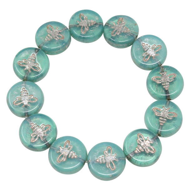 Czech Glass 12mm Bee Coin - Aqua Blue Opaline with Platinum Wash