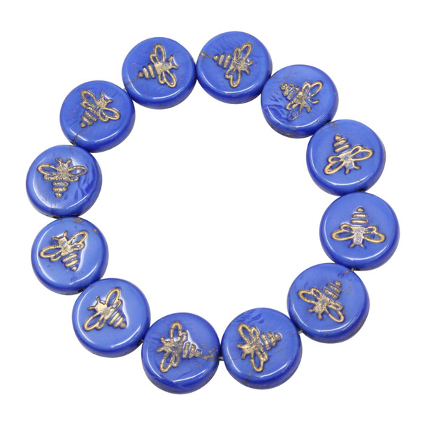 Czech Glass 12mm Bee Coin - Royal Blue Silk with Gold Wash