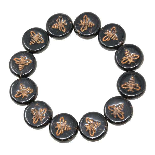 Czech Glass 12mm Bee Coin - Opaque Jet Black with Dark Bronze Wash