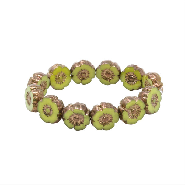 Czech Glass 9mm Hibiscus Flower Beads - Lime Green Silk with Bronze Finish