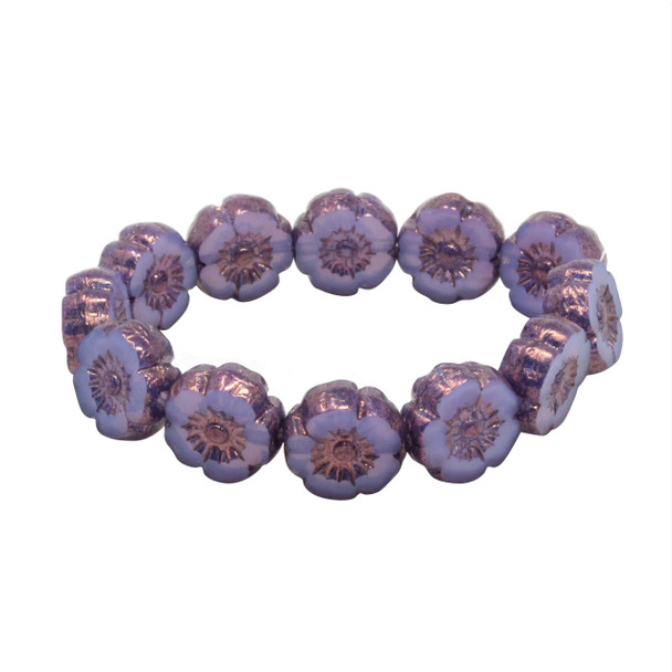 Czech Glass 9mm Hibiscus Flower Beads - Lilac Purple Satin with Bronze Finish