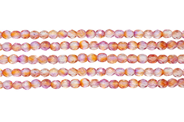 Fire Polish 4mm Faceted Round - Dual Coated - Fuchsia / Cantaloupe