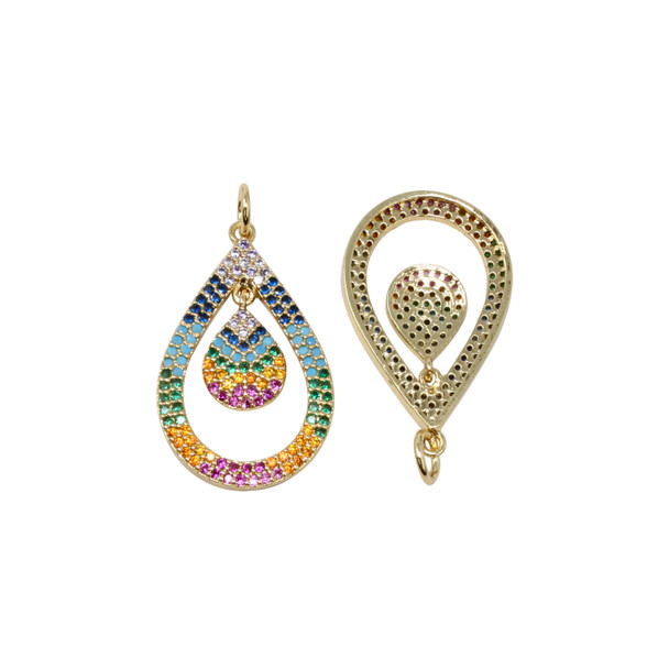 Gold Plated Micro Pave 16x25mm Multi Color Double Drop Charm