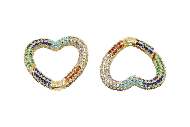 Gold Plated Micro Pave 28x27mm Multi Color Heart Carabiner Clasp
