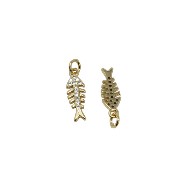 Gold Plated Micro Pave 5x15mm Fish Skeleton Charm
