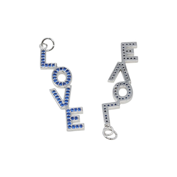Rhodium Plated Micro Pave 9x35mm Royal Blue LOVE Pendant