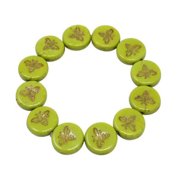 Czech Glass 12mm Bee Coin - Gaspeite Green Bronze
