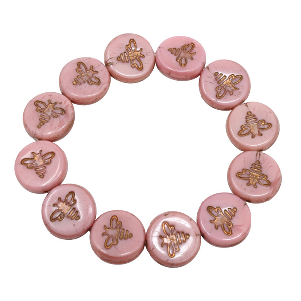 Czech Glass 12mm Bee Coin - Pink Silk Bronze