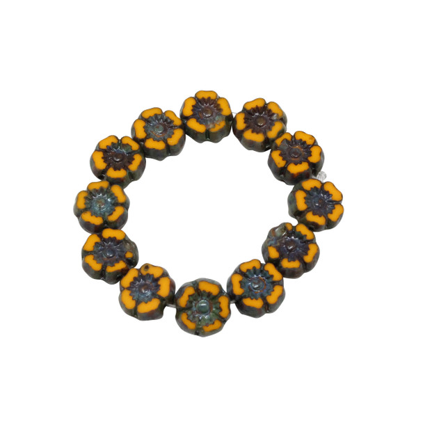 Czech Glass 7mm Hibiscus Flower Beads - Yolk Yellow Picasso