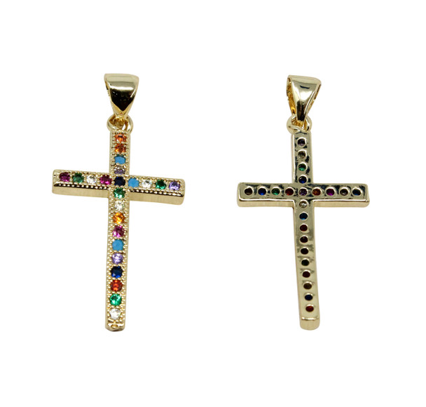Gold Plated Micro Pave 15x23mm Multi Color Cross Charm