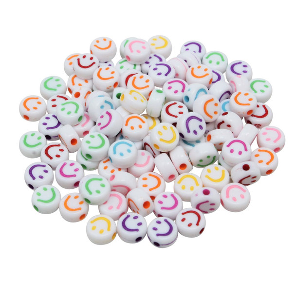 Acrylic Smiley Face 7x4mm Beads - White Multi Color Mix - Package of 100