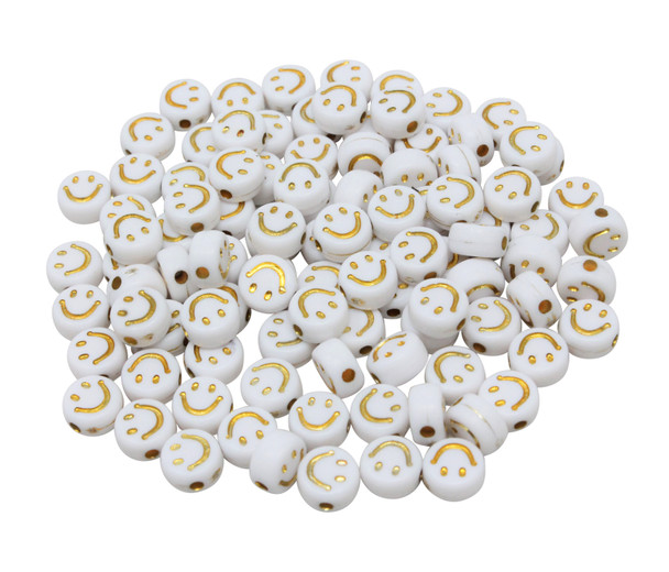 Acrylic Smiley Face 7x4mm Beads - White with Gold - Package of 100