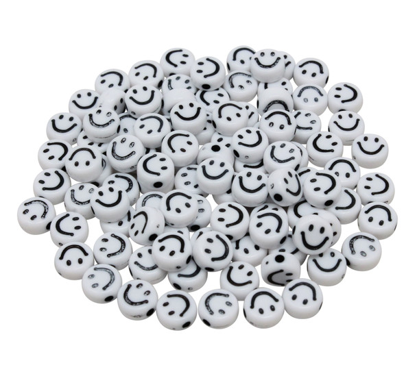 Acrylic Smiley Face 7x4mm Beads - White with Black - Package of 100