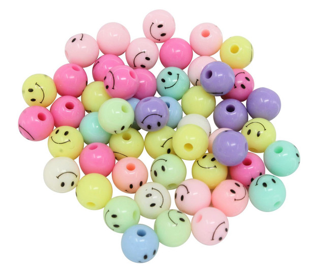 Acrylic Smiley Face 8mm Beads - Pastel Mix - Package of 50