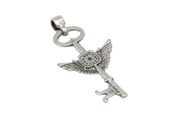 Antique Silver Plated Zamak 77x40mm Winged Key Clock Pendant