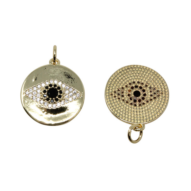 Gold Plated Micro Pave 16mm Evil Eye Disc Charm