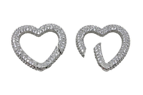 Silver Plated Micro Pave 28x27mm Heart Carabiner Clasp