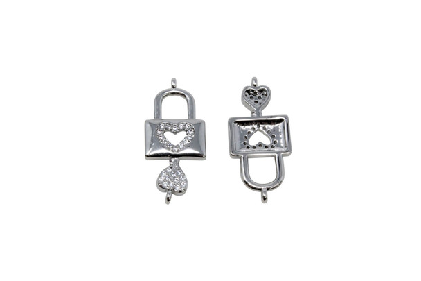Silver Plated Micro Pave 11x24mm Heart Lock Charm