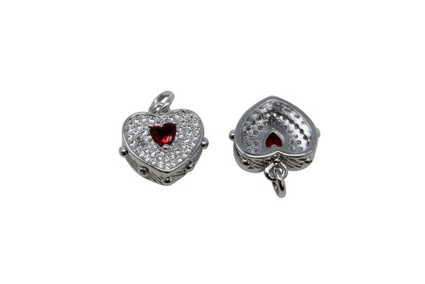 Silver Plated Micro Pave 10x14mm Red Heart Charm