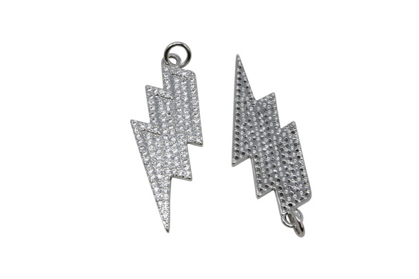 Silver Plated Micro Pave 12x34mm Lightning Bolt Pendant