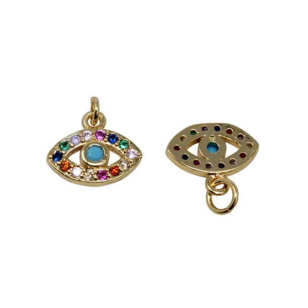 Gold Plated Micro Pave 12x7mm Multi Color Evil Eye Charm