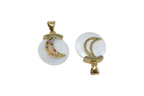 Gold Plated Micro Pave Mother of Pearl Pave 15mm Multi Color Moon Charm