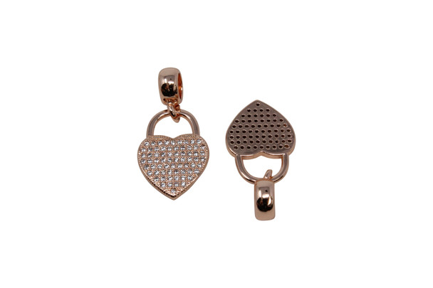 Rose Gold Plated Micro Pave 13x25mm Heart Lock Charm with Bail