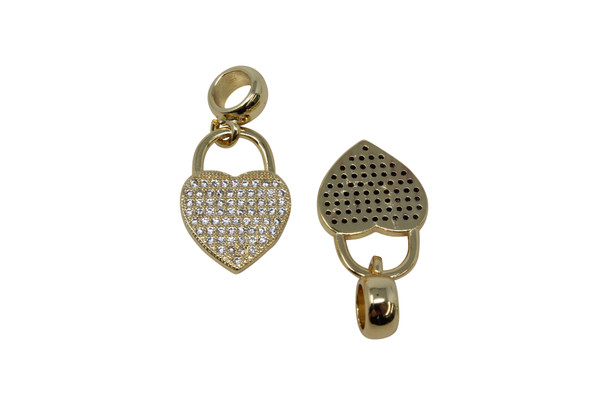 Gold Micro Pave 13x25mm Heart Lock with Bail Charm