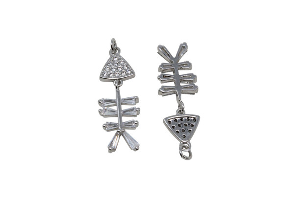Rhodium Plated Micro Pave 25x10mm Skeleton Fish Dangle Charm