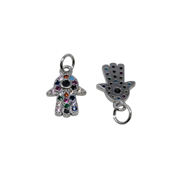 Silver Plated Micro Pave 14x10mm Multi Color Hamsa Charm