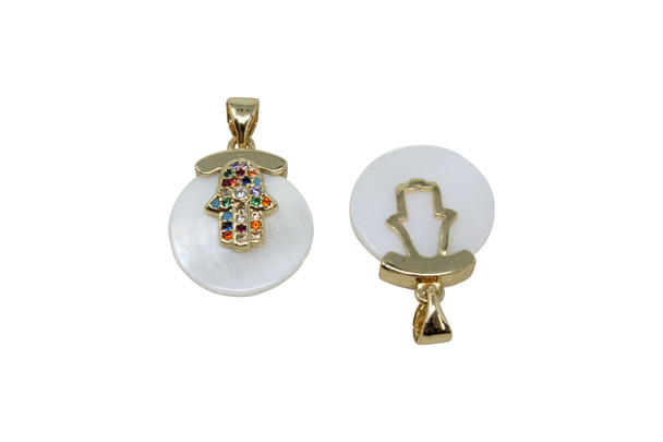 Gold Plated Micro Pave Mother of Pearl 15mm Multi Color Hamsa Charm