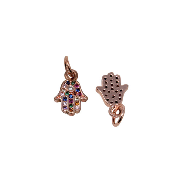 Rose Gold Plated Micro Pave 8mm Multi Color Hamsa Charm