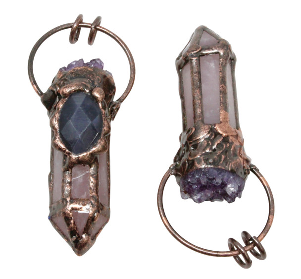Druze Amethyst, Rose Quartz Polished Antique Copper Plated 50x15mm Prism Pendant