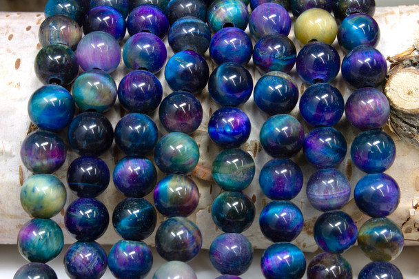 Tiger Eye A Grade Polished 8mm Round Galaxy  - Blue Mix - 2mm Large Hole
