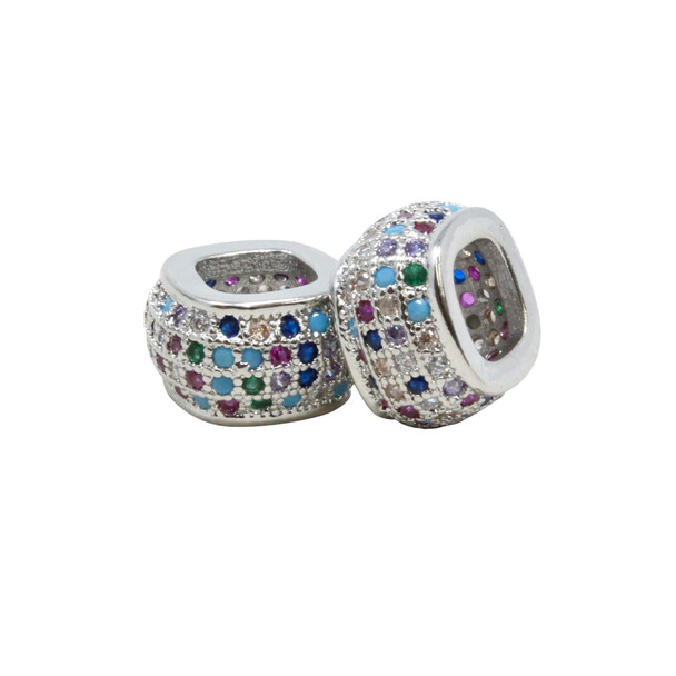 Silver Plated Micro Pave 6x11mm Large Hole Square Bead
