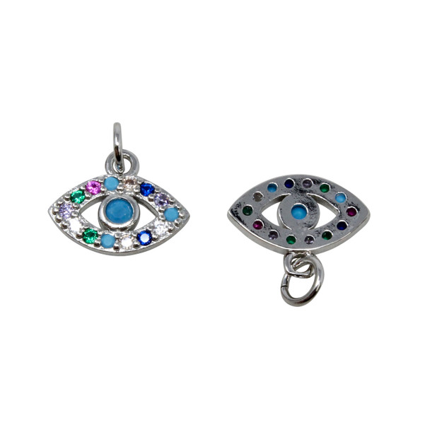 Micro Pave Rhodium Multi Color 12x7mm Evil Eye Charm