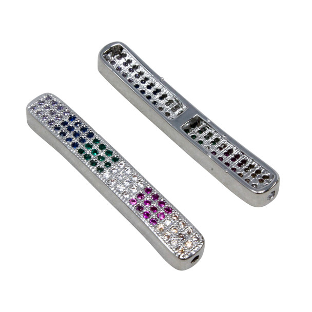 Silver Plated Micro Pave 5x36mm Rainbow Tube Bead
