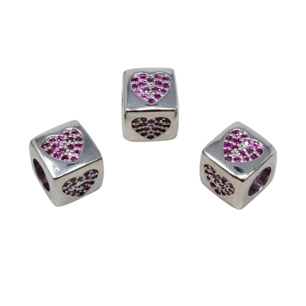 Micro Pave 8mm Pink Heart Cube Bead