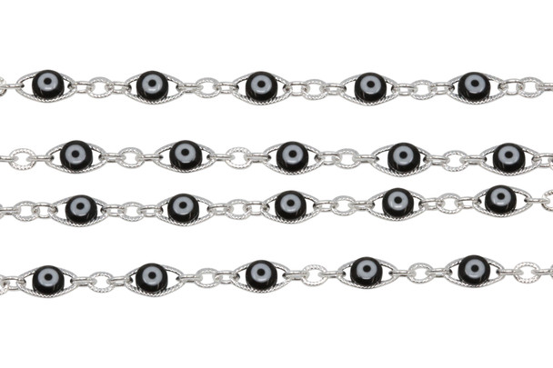 Silver 7x4.5mm Cable Chain with 4mm Black Evil Eye - Sold By 6 inches
