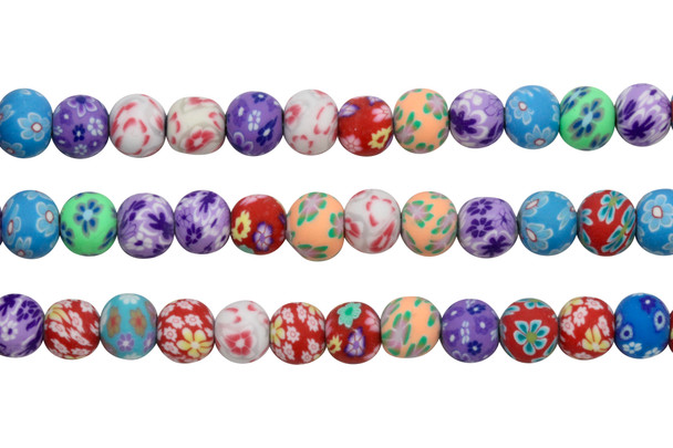 Polymer Clay 6mm Multi Color Floral Round - 9" Strand