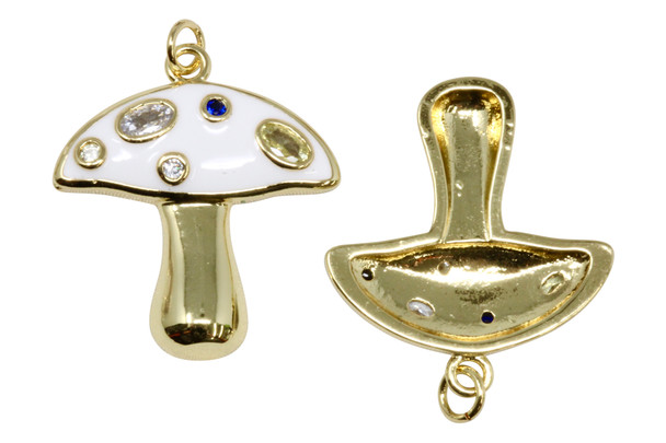 Gold Plated Micro Pave Enamel 25mm White Mushroom Charm