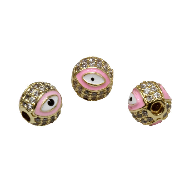 Gold Plated Micro Pave Enamel 8mm Pink Eye Bead