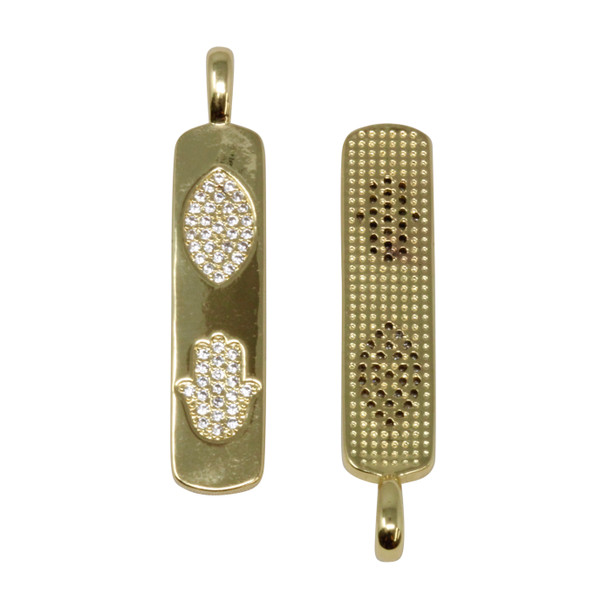 Gold Plated Micro Pave 8x42mm Hamsa Eye Bar Pendant
